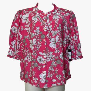 Tommy Hilfiger Pink White Floral Button Down Puffed 3/4 Sleeve Top Women's L